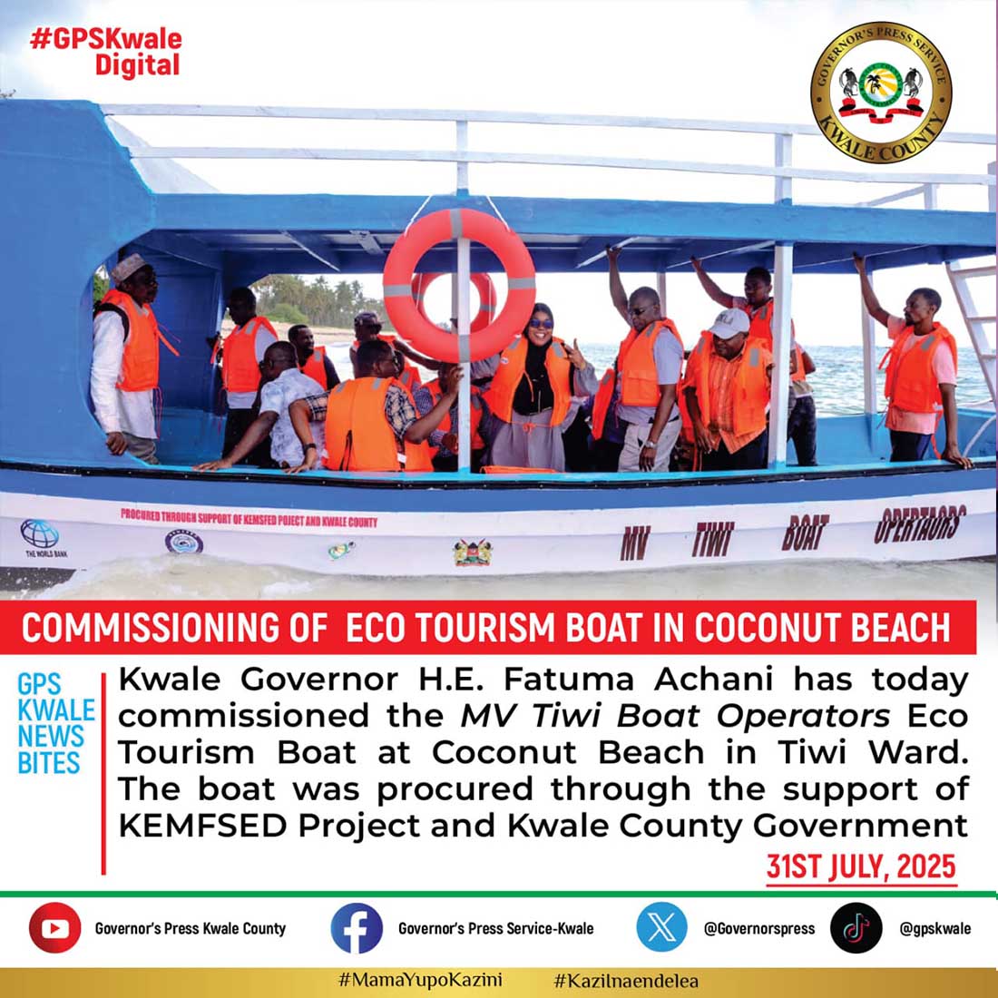 COMMISSIONING OF ECO TOURISM BOAT IN COCONUT BEACH