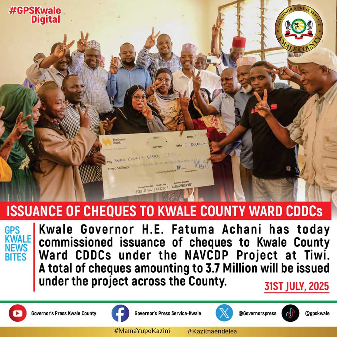 ISSUANCE OF CHEQUES TO KWALE COUNTY WARD CDDCS