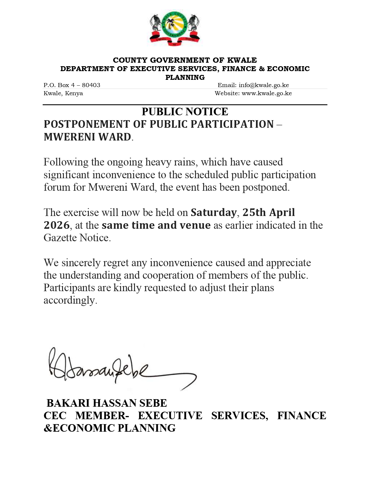 GOVERNMENT 𝐏𝐎𝐒𝐓𝐏𝐎𝐍𝐄 𝐌𝐖𝐄𝐑𝐄𝐍𝐈 𝐖𝐀𝐑𝐃 𝐏𝐔𝐁𝐋𝐈𝐂 𝐏𝐀𝐑𝐓𝐈𝐂𝐈𝐏𝐀𝐓𝐈𝐎𝐍 TO SUTURDAY 25TH, APRIL, 2026